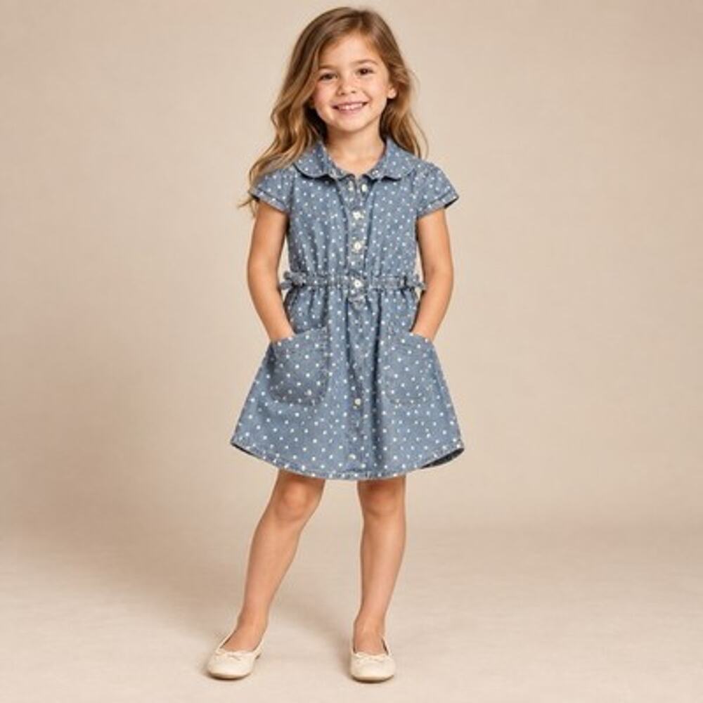 Crazy 8 Girls Blue Polka Dot Chambray Shirt Dress Size 6 Cotton
